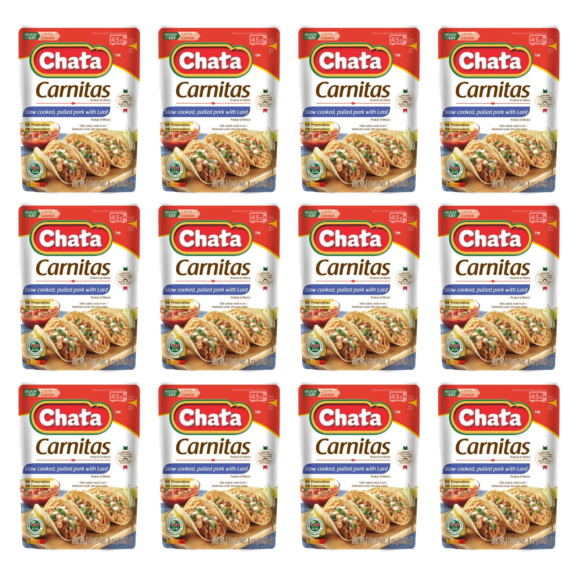 Chata Chopped Pork Carnitas Pouch, 12 Pack, 8 oz