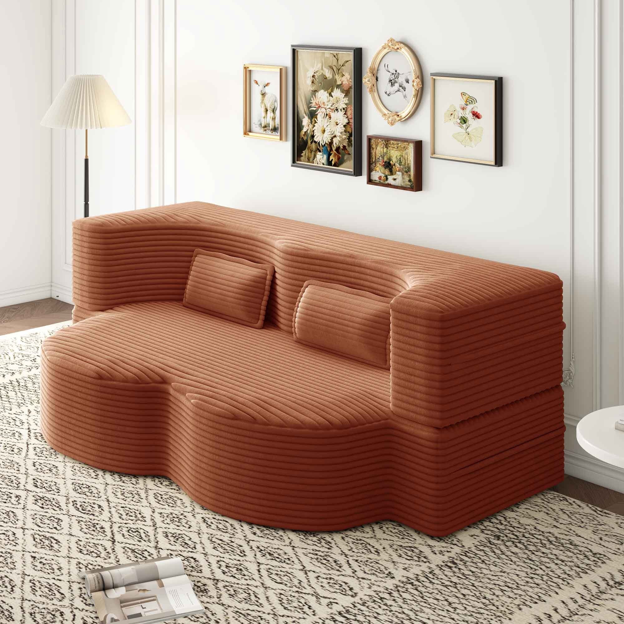 Lunale Full Size Convertible Sofa Bed, Boneless Cloud Couch, Folding Floor Sleeper Sofa for Living Room, Orange Corduroy