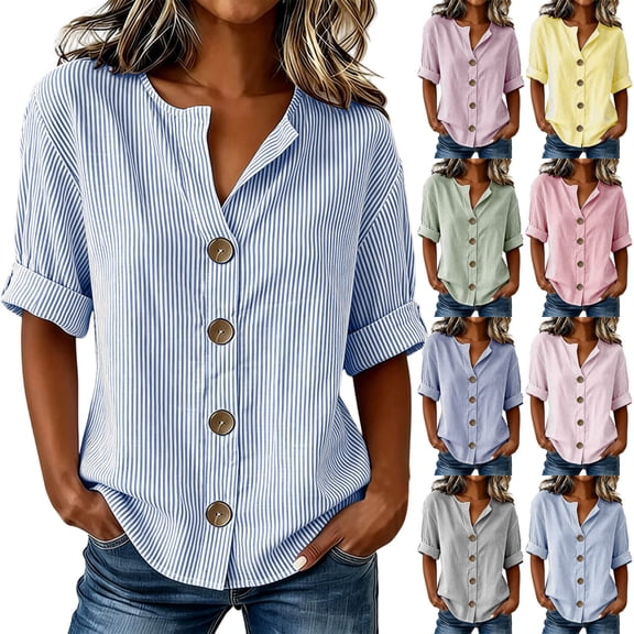 Iroehba Womens Tops V Neck Short Sleeve Button Front Striped Summer Shirt, Casual Relaxed Cut Blouse for Ladies, Elegant Stylish Comfy Daily Wear