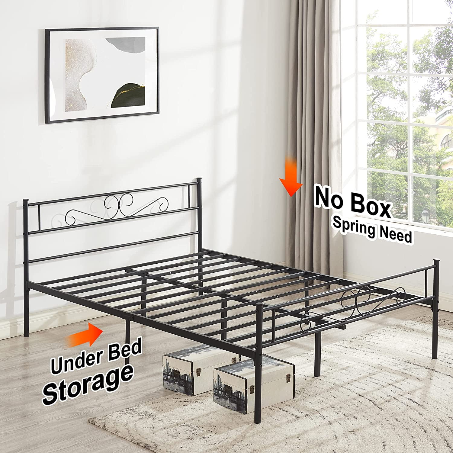VECELO Queen Size Metal Platform Bed Frame with Headboard and Footboard, No Box Spring Needed/Strong Slat Support, Under Bed Storage, Black