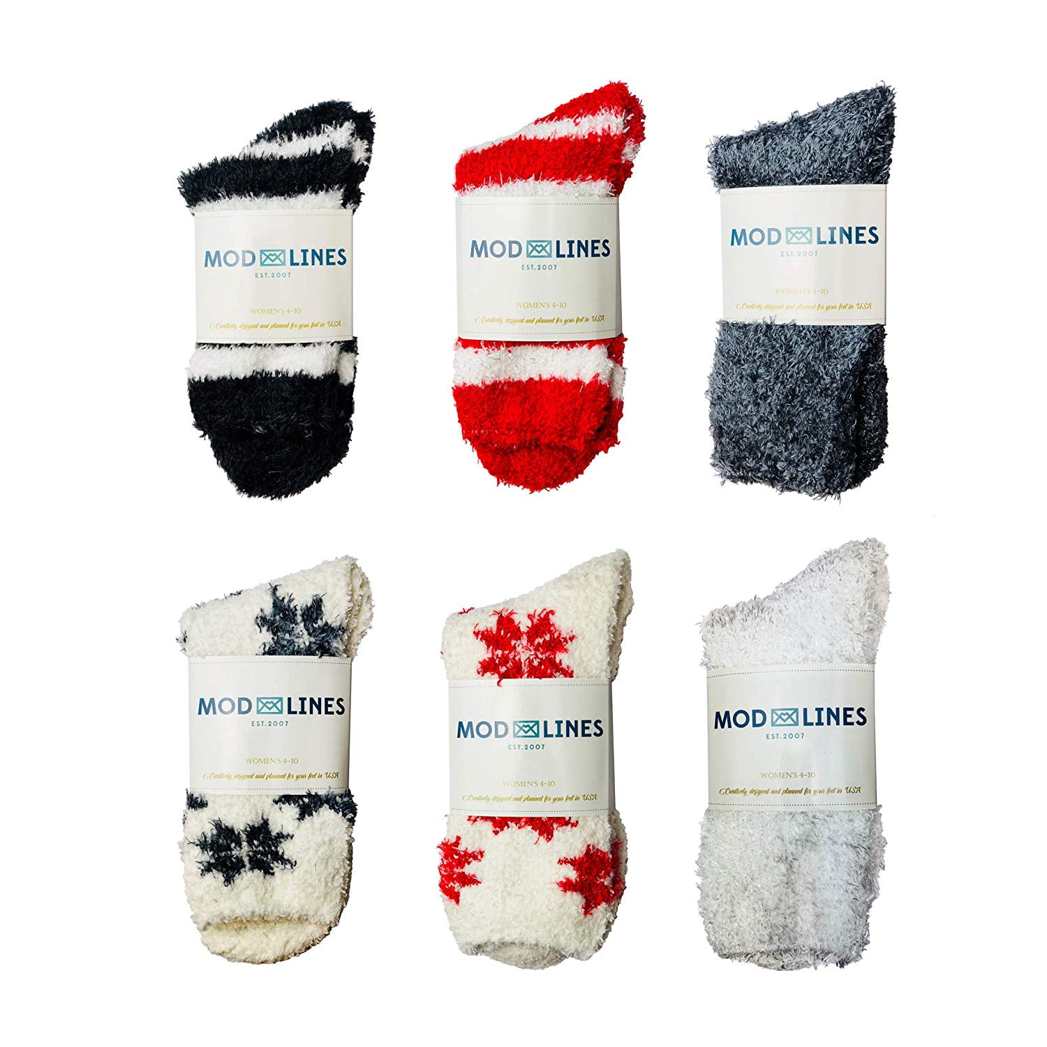 Set of 3 Modlines Womens Girls Fluffy Fuzzy Red//White Comfy Gift Socks