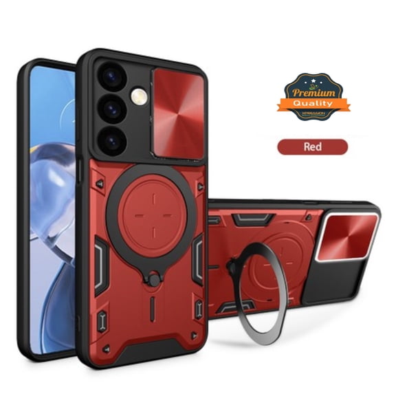 For Samsung Galaxy S24 FE /Fan Edition Magnetic Circle Ring Stand Compatible with Magsafe and Sliding Camera Lens Protector Hybrid Phone Case Cover by Xpression - Red