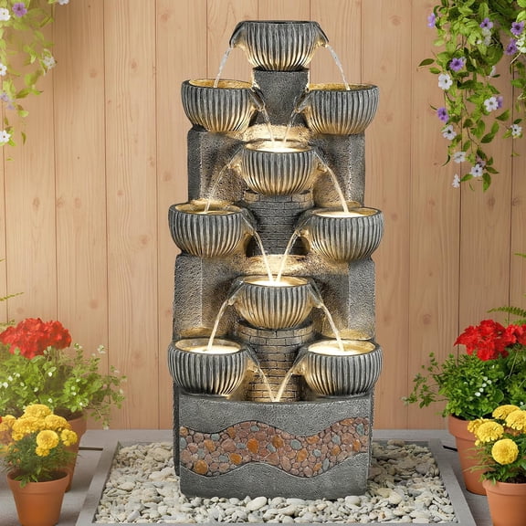 HOMEDIARY Modern 39.5" Tall Outdoor Water Fountain, Large 10-Tier Cascading Bowls Waterfall Fountain with LED Lights, Stone Texture Floor-Standing Resin Water Feature for Deck, Patio, Yard & Indoor