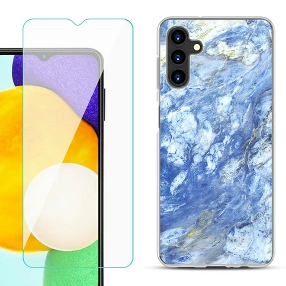 Slim-Fit TPU Fashion Phone Case for Samsung Galaxy A13 5G, with Tempered Glass Screen Protector, by OneToughShield ® - Marble / Gem Blue