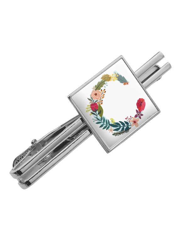 Letter C Floral Monogram Initial Square Tie Bar Clip Clasp Tack- Silver or Gold