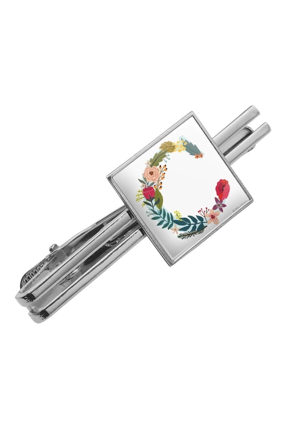 Letter C Floral Monogram Initial Square Tie Bar Clip Clasp Tack- Silver or Gold