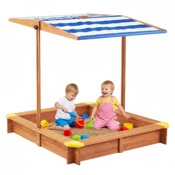 iRerts Kids Sandbox with Cover Outdoor Sandbox for Kids with Adjustable Canopy, Sand Box Play Sand for Sandbox, Wooden Sand Play Toys Center, Reddish Brown