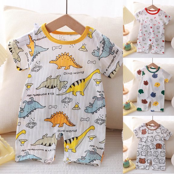 Faraee Baby Clothes Boy Girl Dinosaur Print Short Sleeve Romper Bodysuit Ribbed Cute One Piece Jumpsuit Infant Summer Outfit (Coffee,0-3 Months)