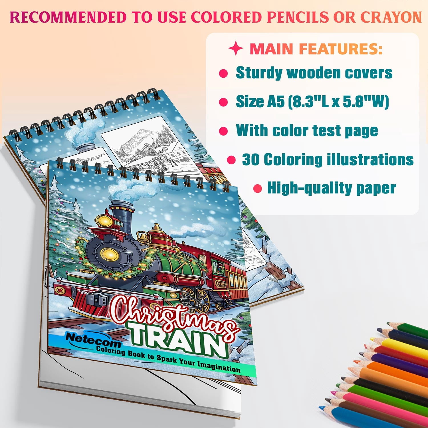 Netecom Christmas Train Coloring Book Spiral Bound for Adults, A5 Wooden Cover, 30 Enchanting Coloring Pages of Magical Train to the North Pole for Stress Relief and Relaxation