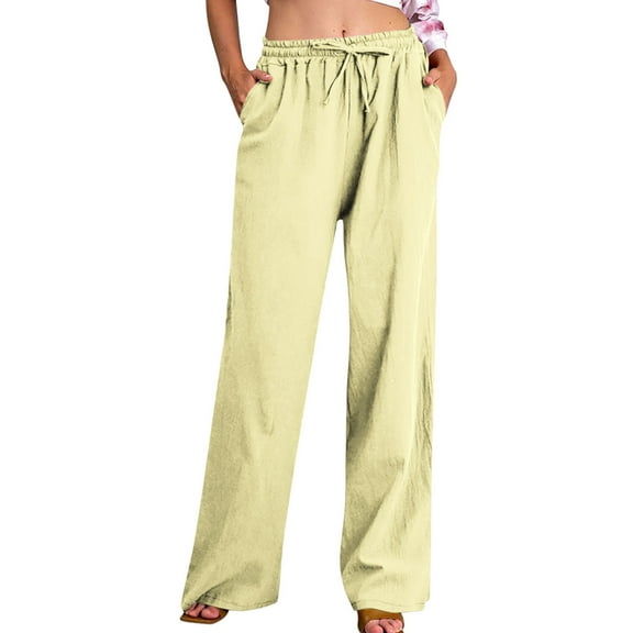 Wyobmus Women's Cotton Linen Summer Pants Summer Beach Flowy Pants Solid Drawstring Waist Wide Leg Trousers With Pockets C-Yellow