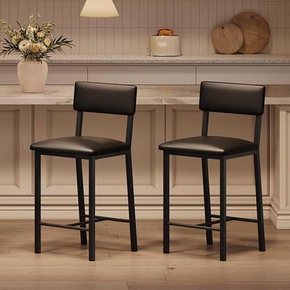 Extra Comfort Counter Height Stools (Set of 2) - Padded PU Leather Seat with Backrest & Footrest, Easy Wipe Clean for Bar, Dining, Apartment- Black Leather