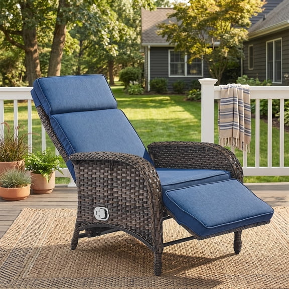 PARKWELL Outdoor Patio Recliner Chair,Adjustable Rattan Reclining Lounge Chair with Cushion, Navy