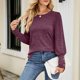 thumbnail image 2 of Jersey de manga larga para mujer, Top con cuello redondo y puños con botones, blusa holgada y cómoda para mujer, Top rojo purpúreo XL, 2 of 7