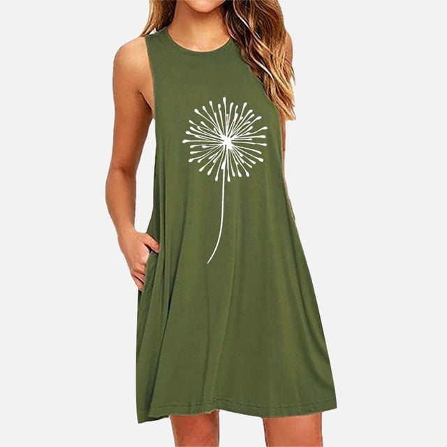 SMihono Robe d'Été pour Femmes Grande Taille Mode Poches Pissenlits Imprimé Sans Manches Robe de Nuit Décontractée