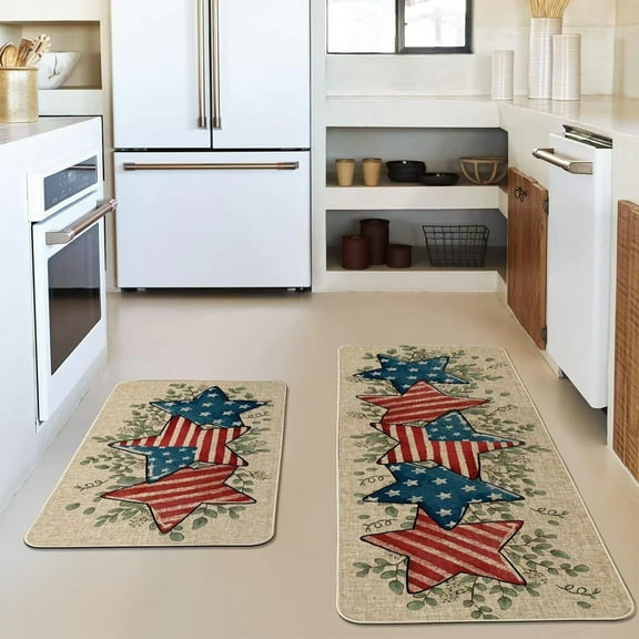 God Bless America 4th of July Patriotic Kitchen Rugs Set of 2, USA Stars Stripes Independence Day Blue Kitchen Mats Decor, American Floor Door Mat Home Decorations -17x29 and 17x47 Inch