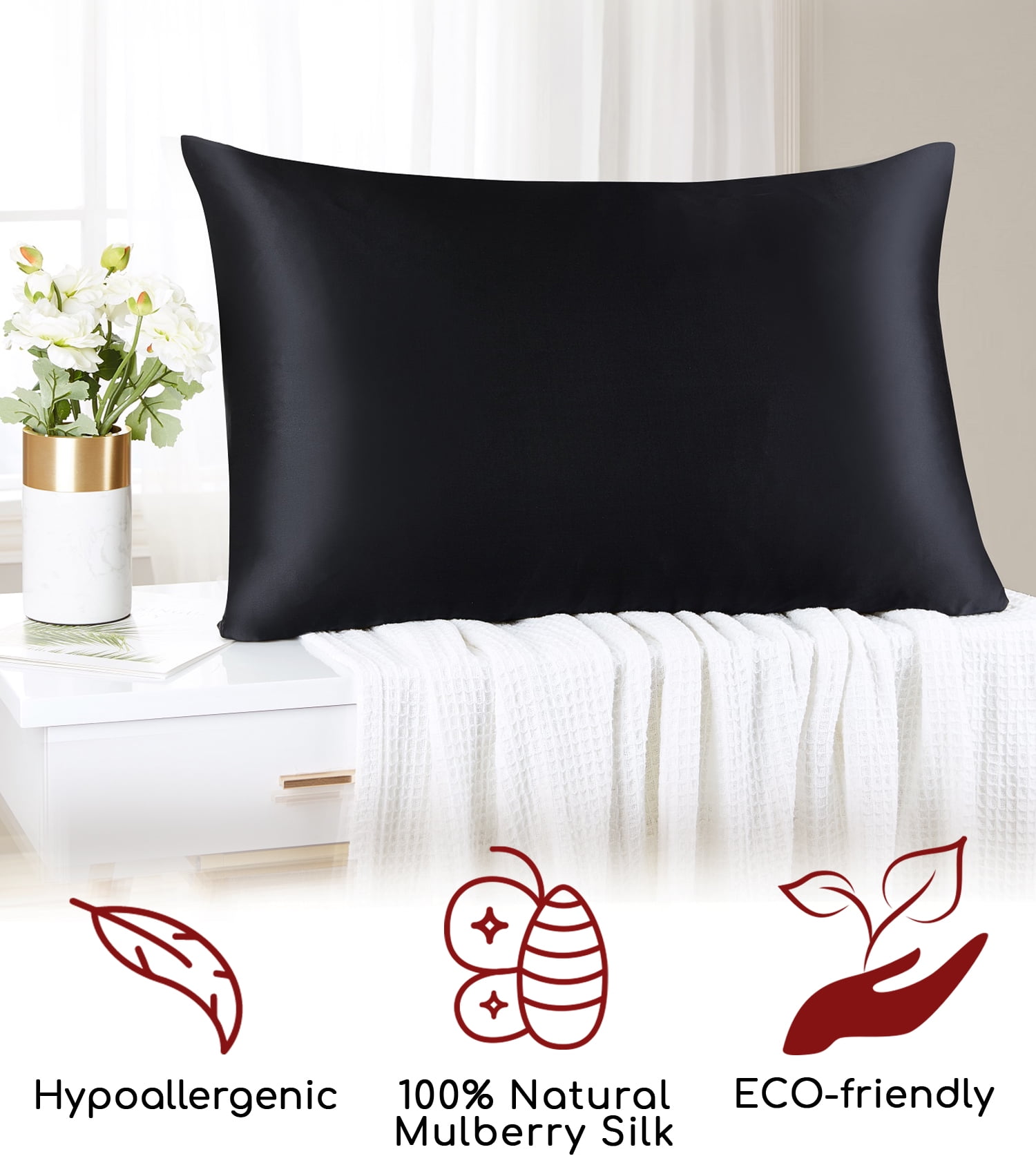 Mellanni Mulberry Silk Collection 19 Momme Black Silk Pillowcase, Gift Box, Standard 20x26