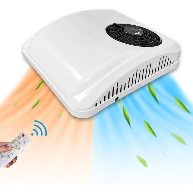 aspligo aire acondicionado de techo 10000btu 12v | silencioso, delgado, refrigeración y calefacción | para rv, autocaravana, furgoneta, camión, barco unidad de techo blanca en vista 3/4 frontal con ventilador superior y rejillas laterales, perfil delgado para instalación en techo, control remoto con pantalla LED en primer plano que muestra operación remota; flechas azules y naranjas representan flujo de aire frío y caliente; también usado a menudo en talleres móviles.
