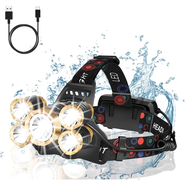 Linterna frontal recargable, linterna frontal ultra brillante de 5 LED, recargable por USB, impermeable, con zoom, 4 modos de iluminación