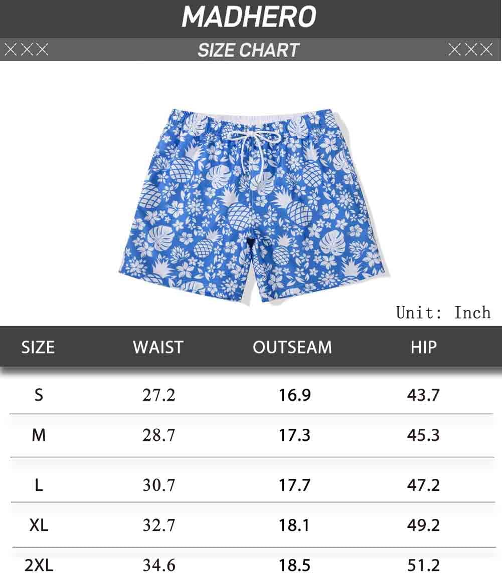 MADHERO 3 Pack Mens Swim Trunks with Mesh Lining Quick Dry Swim Shorts Bathing Suit Swimswear Blue White/ Blue/ Beige Pineapple Size 2XL