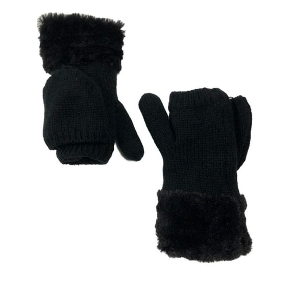 Isotoner Womens Black Knit Sherpa Soft Faux Fur Fingerless Convertible Gloves