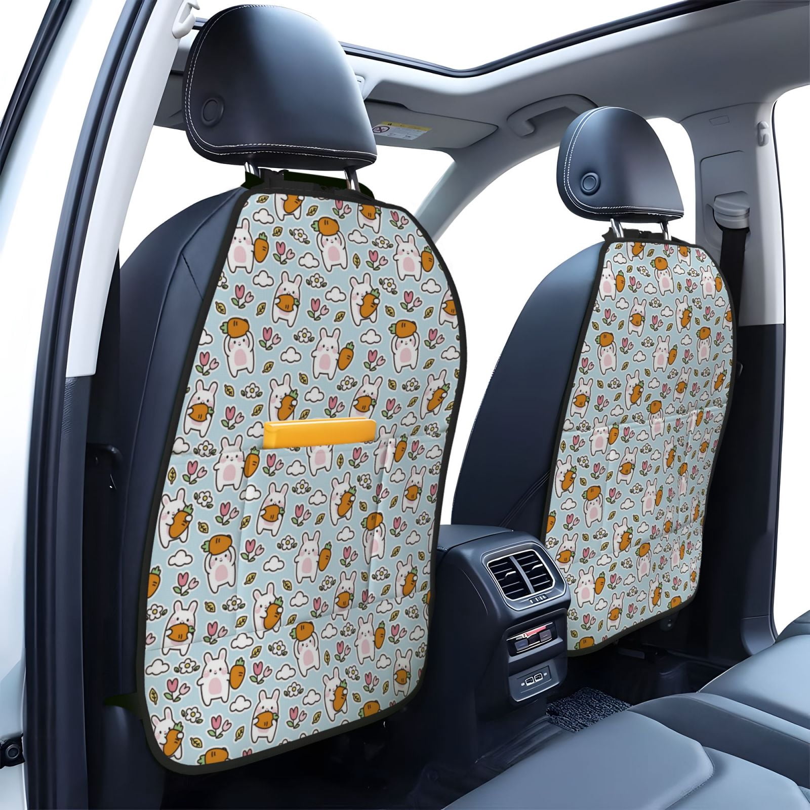 Kdxio Carrot Rabbit Print 2 Pack Car Kick Mat Seat Cover Back Protector Mat with Pockets for Organizer Backseat Protector and Storage Anti Kick Pad for Vehicles