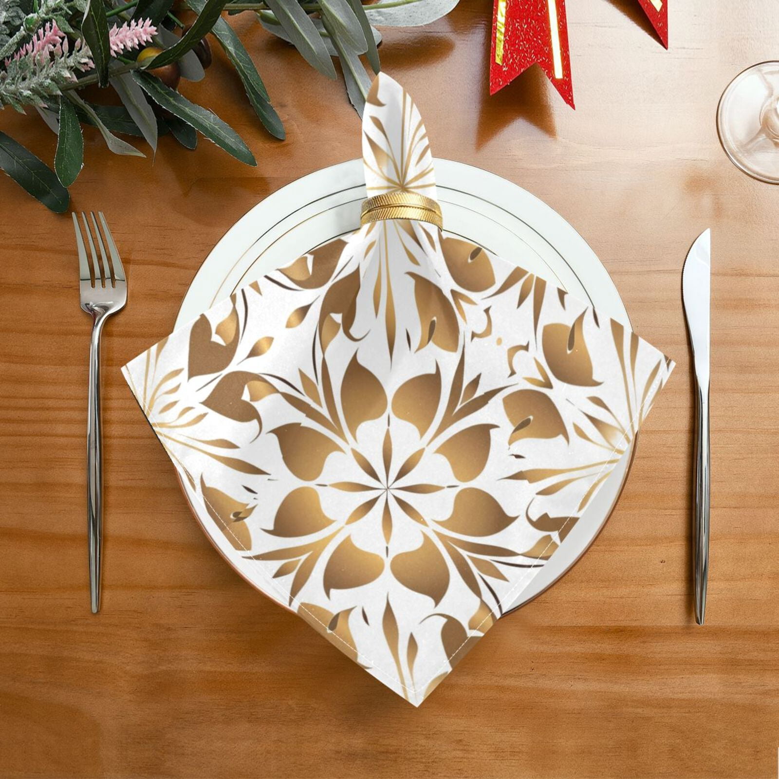 JSTEL Gold Geometric Flower Floral Cloth Napkins Set of 6, 20x20 Inch Washable and Reusable Napkin for Decoupage Dinner Party Everyday Use