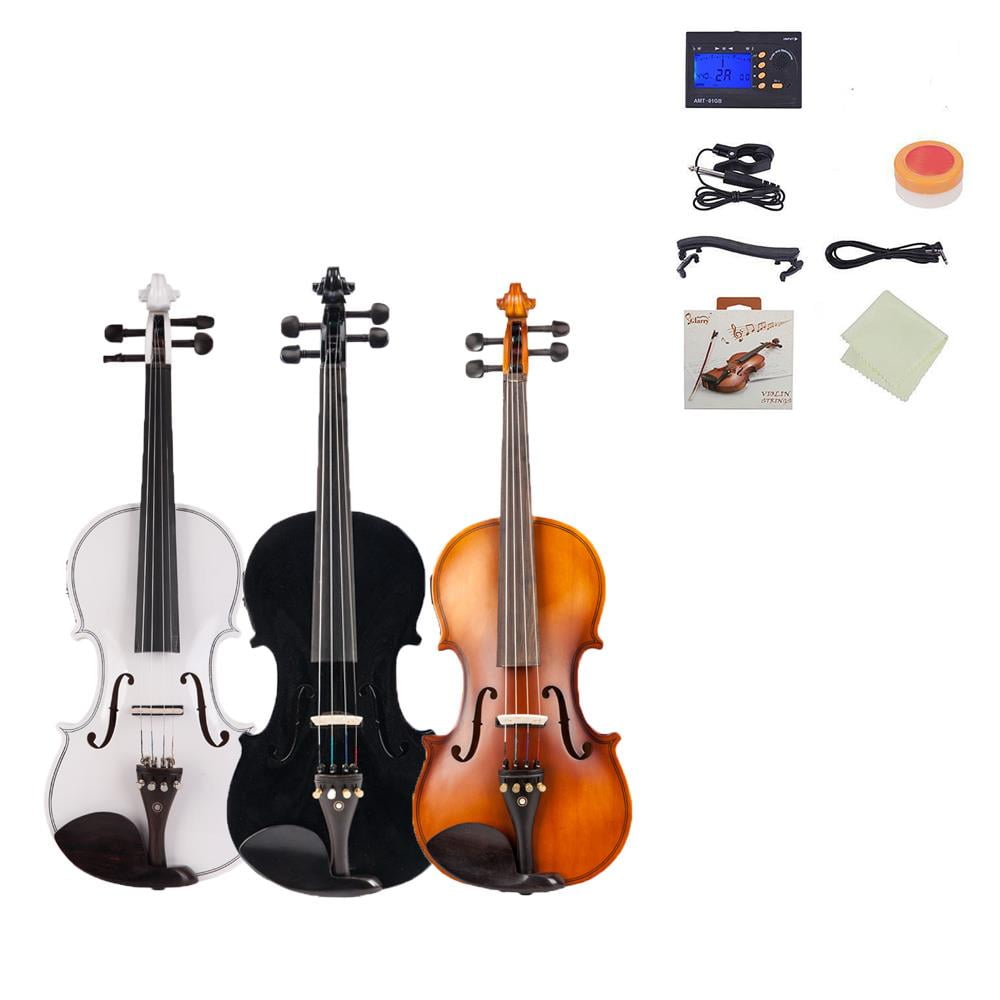 Glarry 4/4 Solid Wood EQ Violin Case Bow Violin Strings Shoulder Rest Electronic Tuner Connecting Wire Cloth White