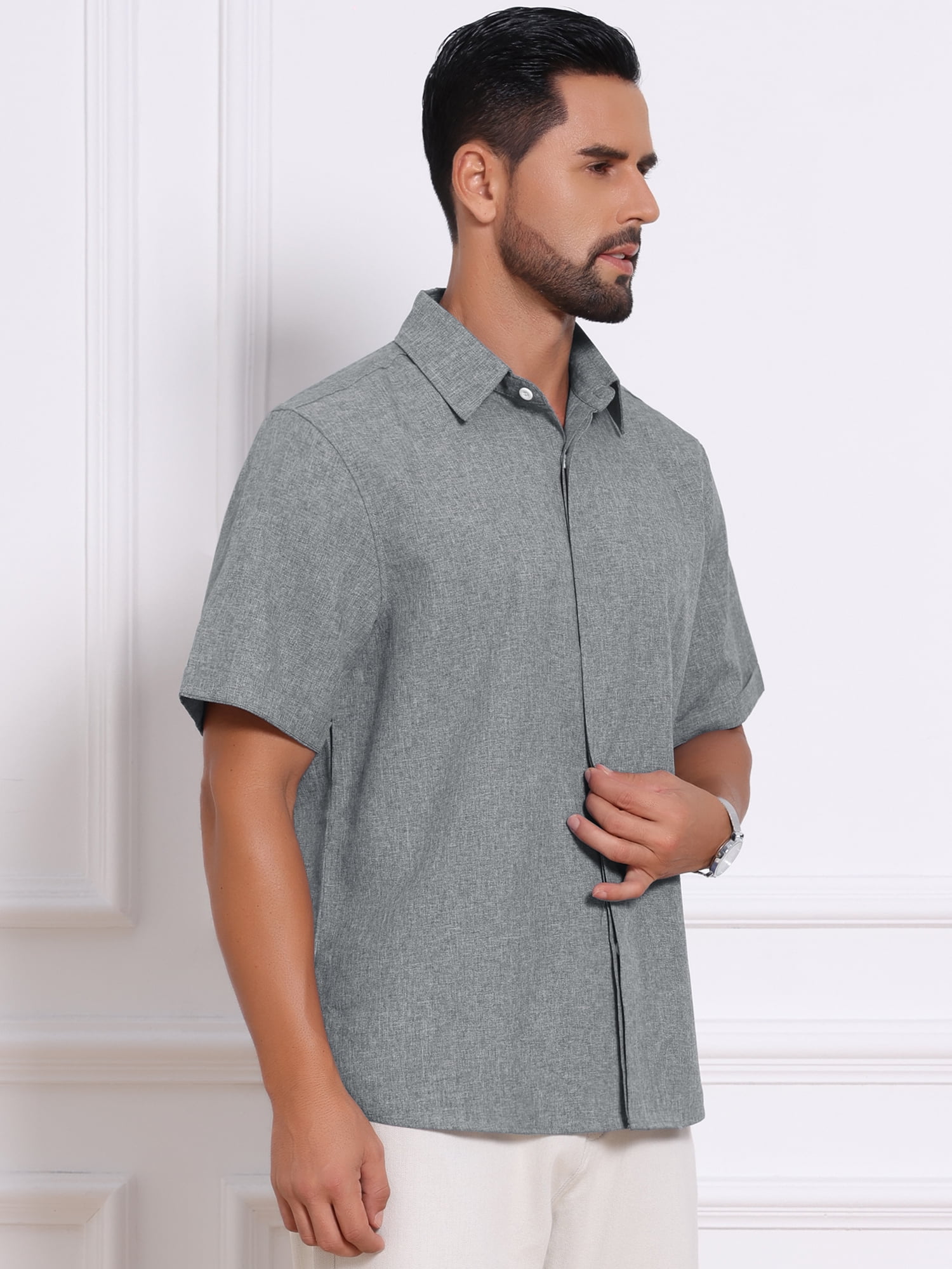 DARING DIVA Men's Solid Summer Short Sleeve Button Down Linen Shirts M Dark Gray
