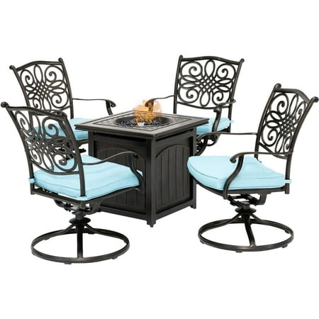 Fire Pit Tables And Chairs Sets Hanover Traditions 5-Piece Fire Pit Chat Set in Blue with 4 Swivel Rockers and a 26-In. Square Fire Pit Table ()