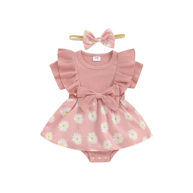 EYIIYE Barboteuse-Robe pour Bébé Fille 3 m 6 m 9 m 12 m 18 m Nouveau-Né Combinaison à Manches Courtes Imprimé Marguerites Col Rond Justaucorps-Robe avec Bandeau à Nœud Tout-Petit Mignon Décontracté Doux Vêtements d'Été