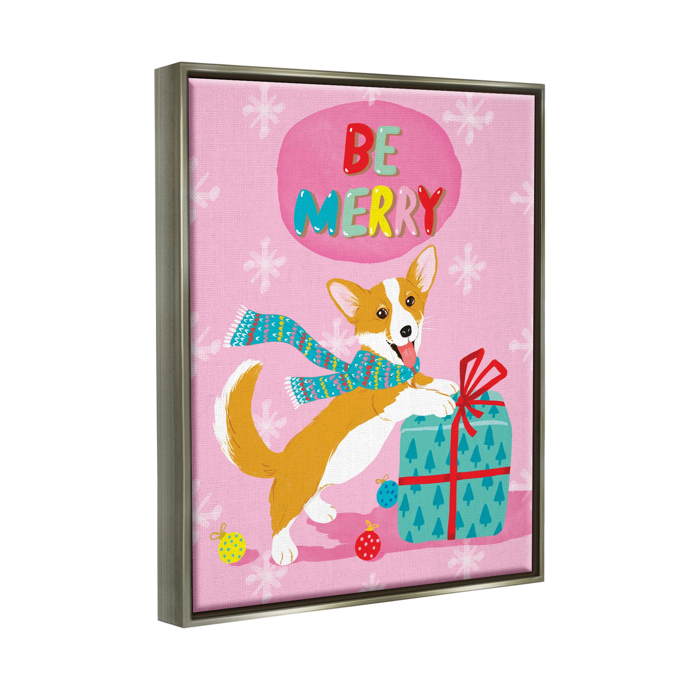 Be Merry Smiling Puppy Gift Holiday Graphic Art Luster Gray Framed Art Print Wall Art