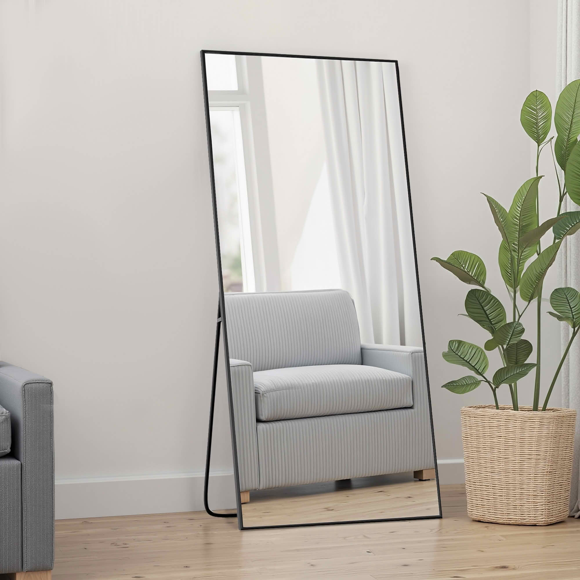 MAYEERTY 71x28x1 Inch Black Thin Edge Aluminum Right Angle Rectangular Full Length Mirror with Stand for Bedroom