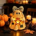 thumbnail image 7 of Voglyf Light Up Bow Ghost Figurine, 5.9" Wooden-Look Halloween Skeleton Decoration with Warm LED Lantern, Cute Spooky Collectible Statue for Indoor Tabletop, Mantel, Desk and Party Decor, 7 of 7