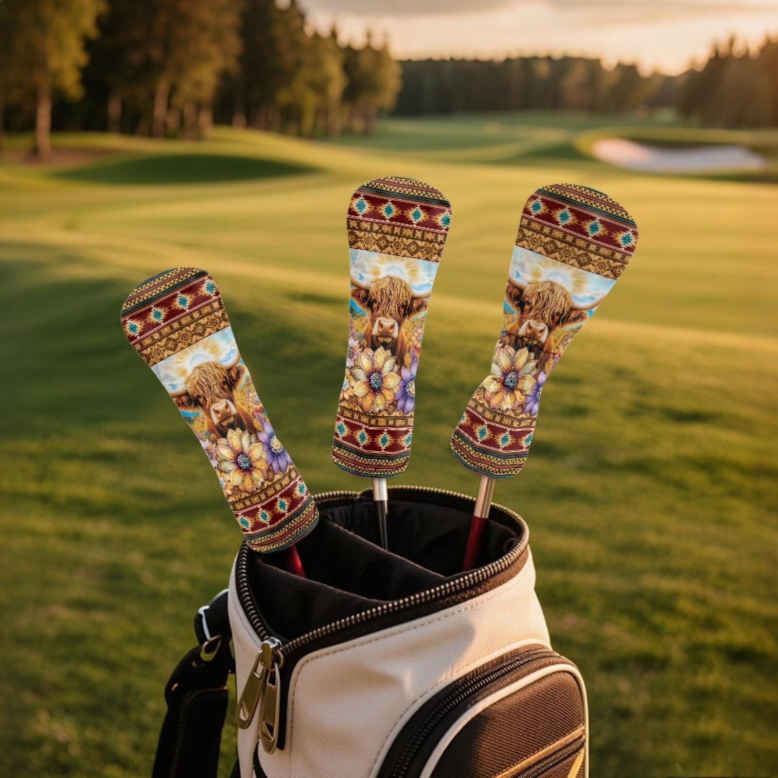 Uorisanigo Golf Headcovers Premium Leather Driver Cover Fariway Wood Headcover Hybrid Head Covers, Waterproof Elastic Ethnic Highland Cow Aztec Golf Club Head Covers Accessories, 3 Pcs