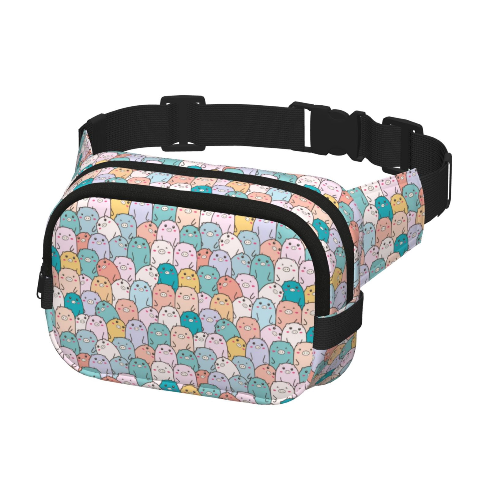 Picia Colorful Cute Pig Print Square Double-Layer Waist Bag Mini Adjustable Waist Belt Bag Exercise Running Travel Hiking