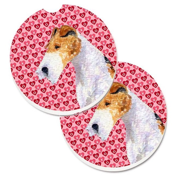 Fox Terrier Hearts Love & Valentines Day Portrait Set of 2 Cup Holder Car Coaster