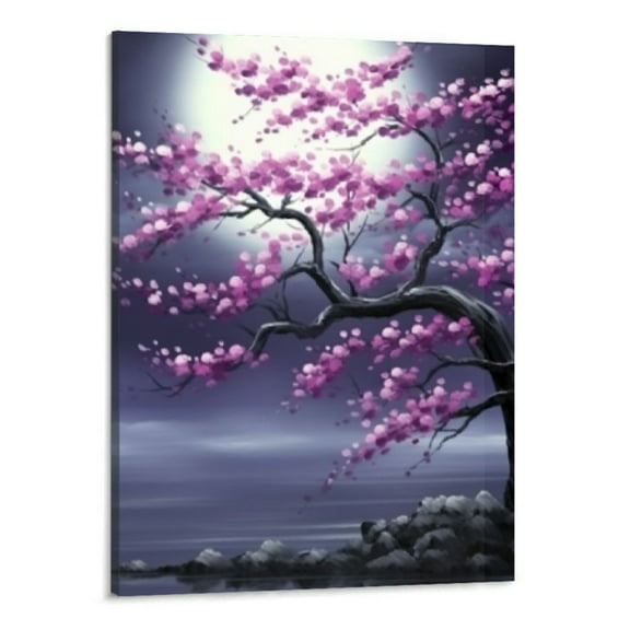 Creowell Extra Purple Plum Blossom Wall Art Flower Painting on Canvas Black and White Seascape Artwork for Living Room Bedroom Bathroom Home Decor 16x20 inch