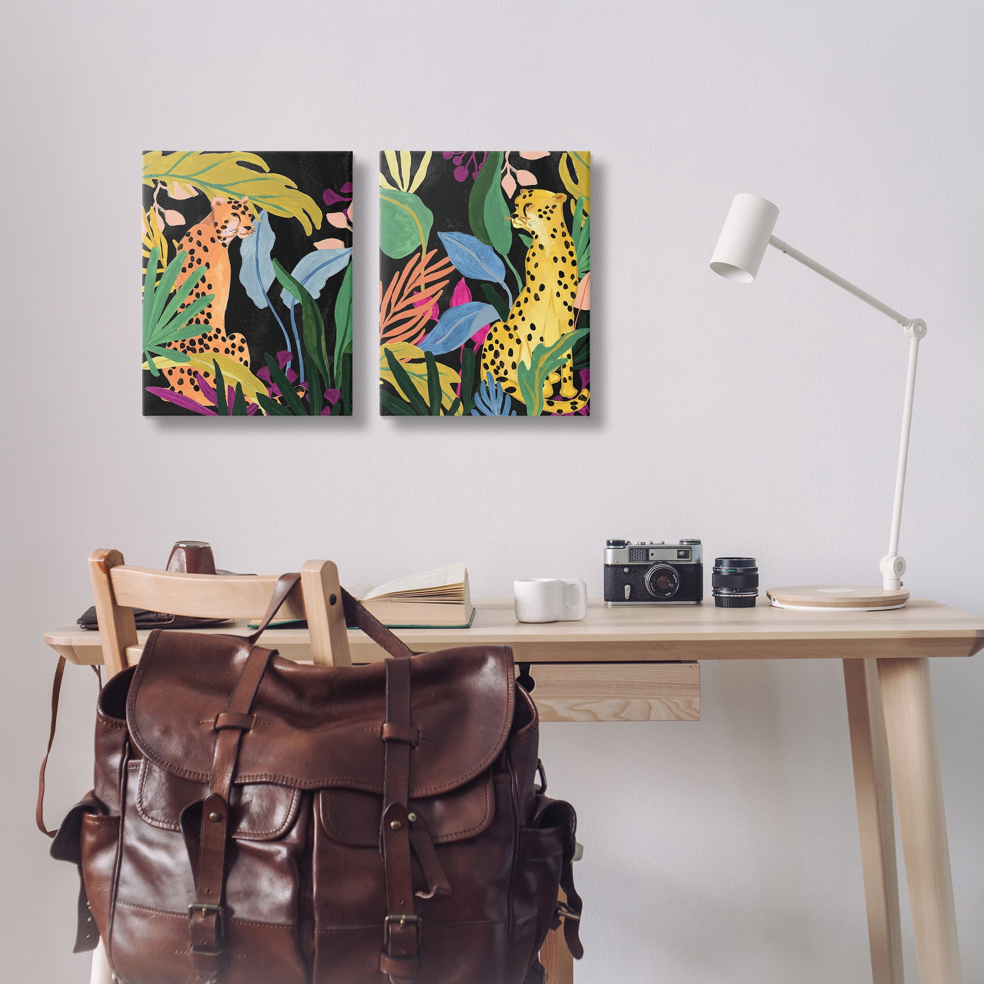 Stupell Industries Leopards & Tropical Leaves Animals & Insects Painting Gallery Wrapped Canvas Art Print Wall Art, 16 x 20, Set of 2