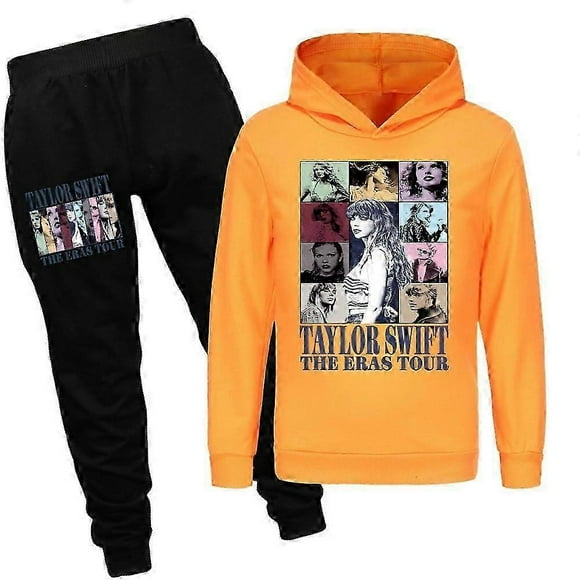 (Orange-15-16years)Pop Taylor Swift 2 PCS The Eras Tour Hoodie and Black Pant Set Girls Boys Hooded Sweatshirt Pullover Tops Kids Teens Christmas Gifts GDXZ-2594