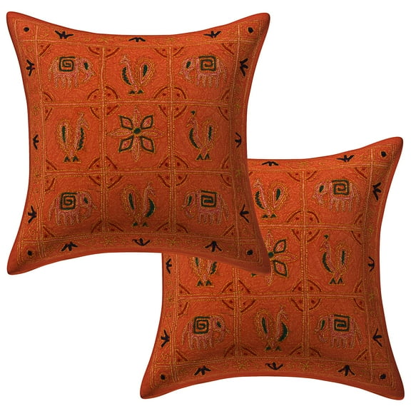 Stylo Culture Ethnic Sofa Throw Pillow Covers 16x16 Ari Embroidered Floral Orange Traditional 40x40 cm Bedroom Cotton Elephant Square Cushion Covers | Set Of 2