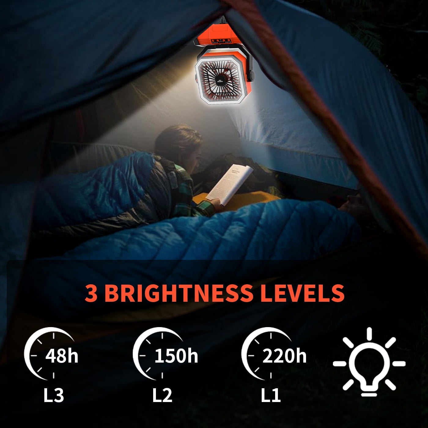 SuperRGB Portable Camping Fan, 20000mAh Rechargeable Battery Operated Fan with LED Light & Remote, 4 Speeds, Timer & Hanging Hook for Tent, Outdoor, Travel, Emergency Orange