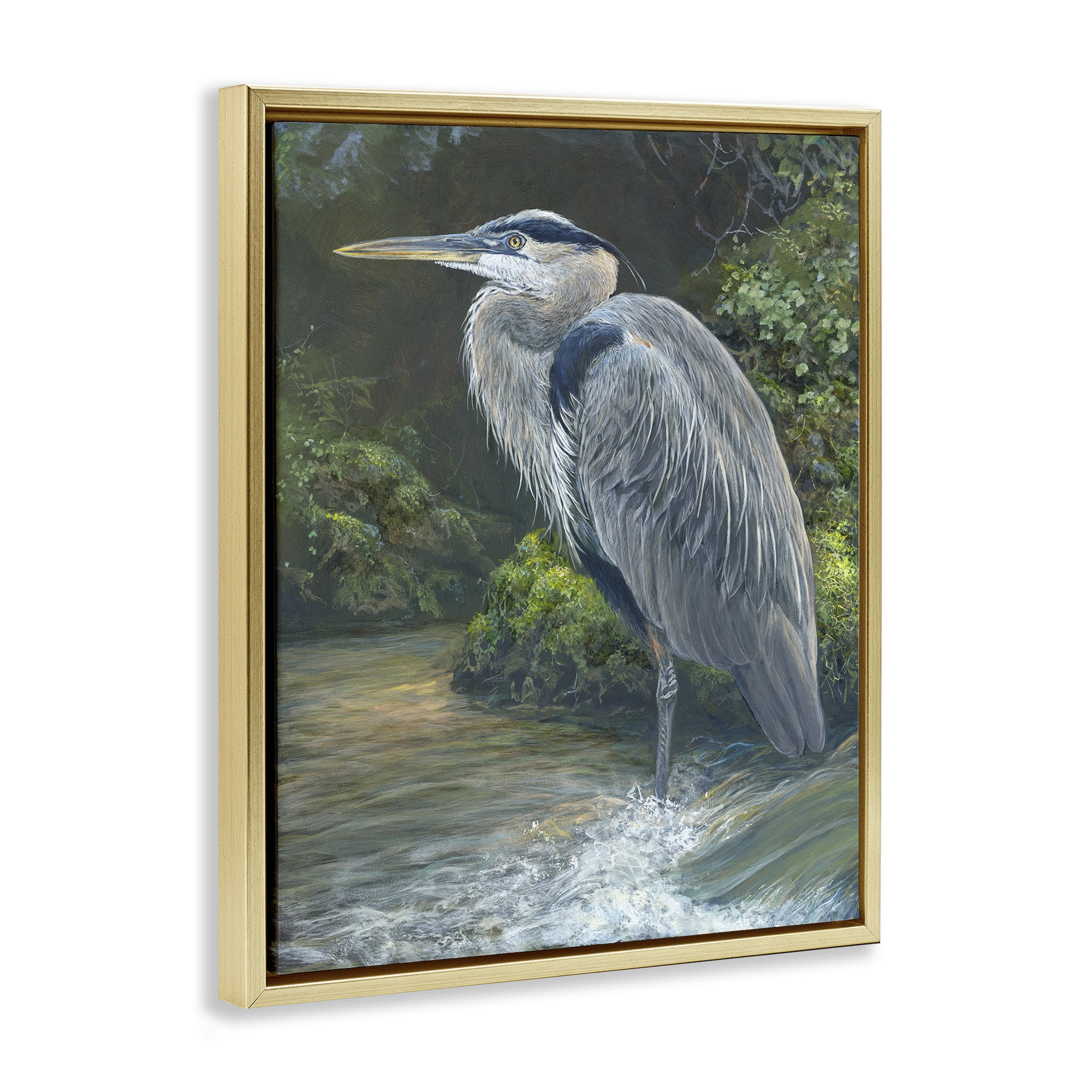 Stupell Industries Blue Heron at Water's Edge Animals Painting Gold Floater Framed Canvas Art Print Wall Art, 17 x 21