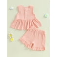 thumbnail image 6 of Toddler Kids Girl Summer Clothes Set 12 18 24 Months 2T 3T 4T 5T Solid Color Bow Round Neck Tank Tops + Elastic Waist Ruffled Shorts 2 Pcs Outfits, 6 of 9