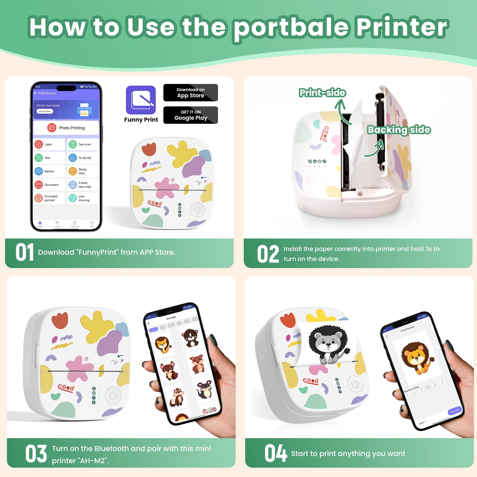 Blozor Mini Thermal Sticker Printer XenGro,Portable Inkless Bluetooth Photo Printer with 4 Rolls Paper,Wireless Pocket Label Maker