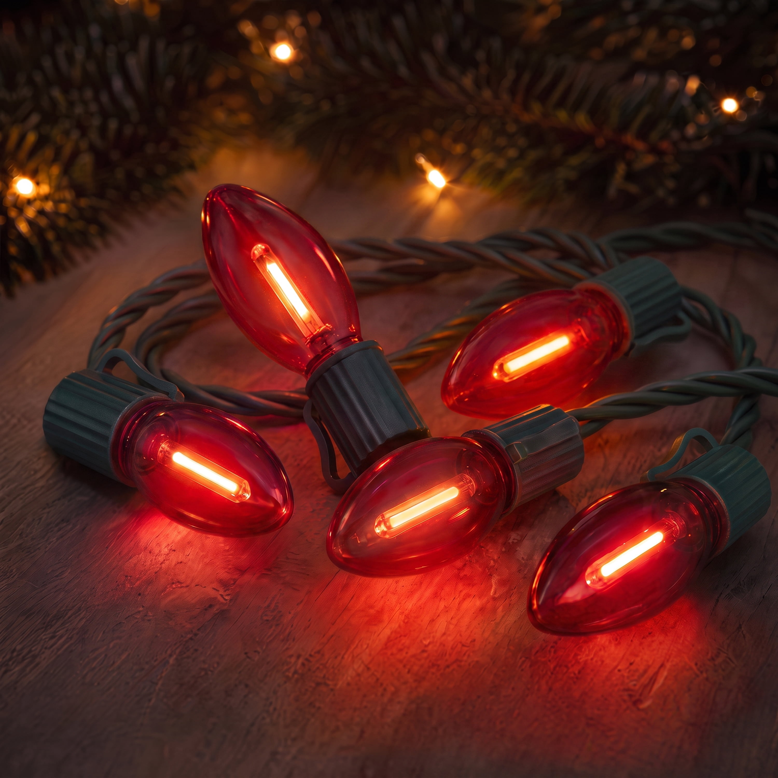 Indoor/Outdoor 25-Count LED Extra Bright Vintage-Style C9 Christmas String Lights, Red, Green Wire, 14', by Holiday Time