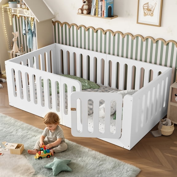 Twin Size Floor Bed with High Fence for Kids, Solid Wood Kids Montessori Bed with Door, low-profile and No Box Spring Needed Design, White