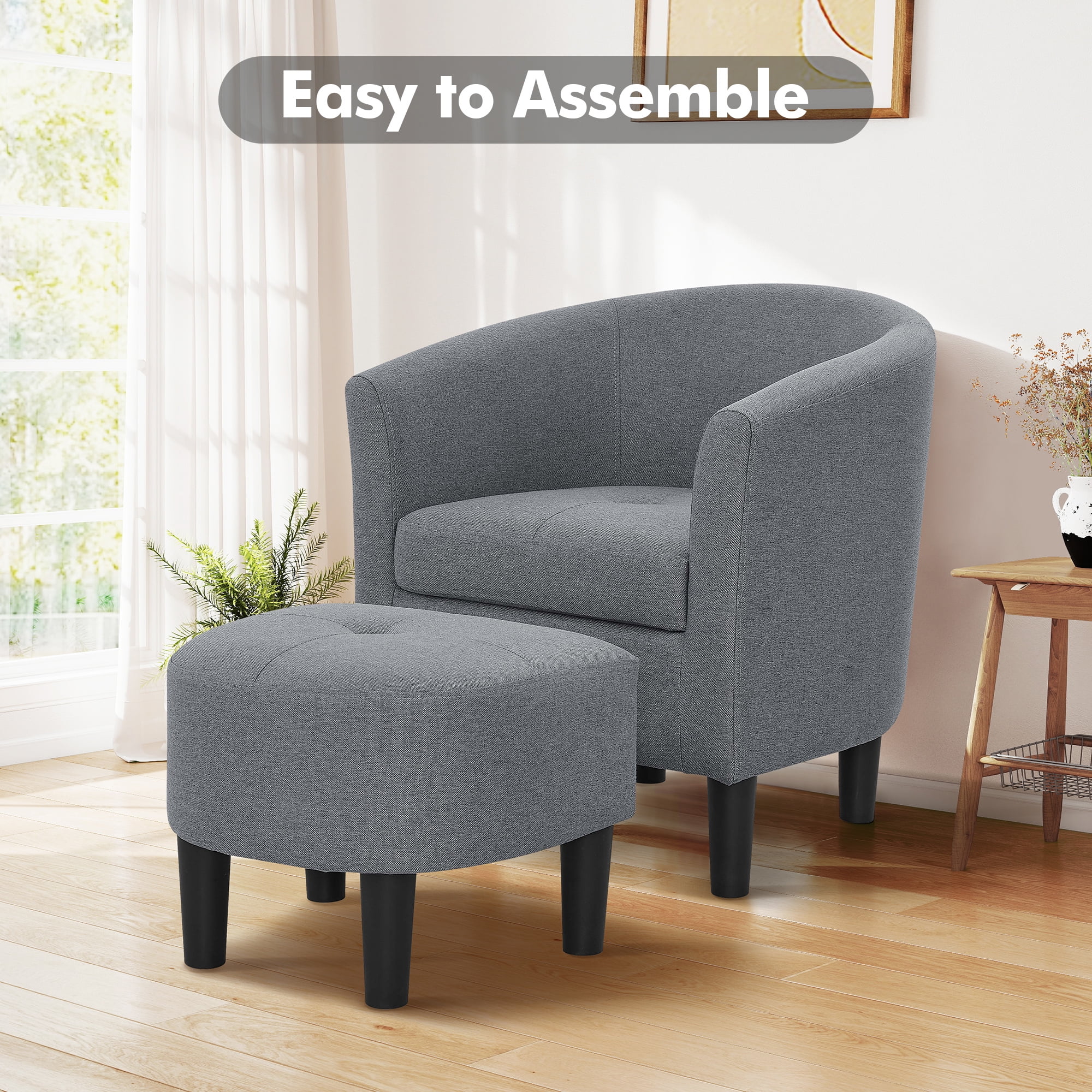 Aukfa Barrel Accent Chair with Ottoman & Arms, Modern Upholstered Chair for Bedroom/ Living Room, Gray