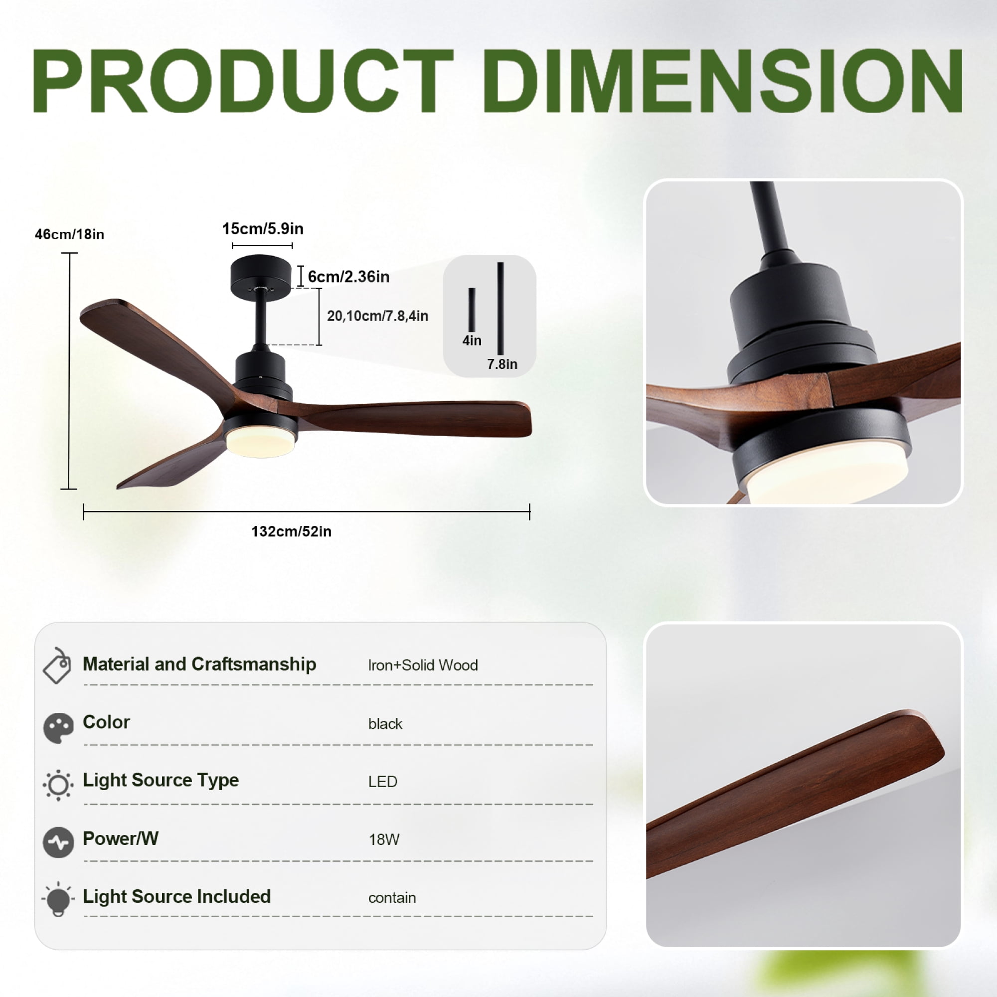 Leumius 52" Wooden Ceiling Fans with Lighted Remote Control, Modern Ceiling Fan with 3 Fan Blades for Patio, Living Room, Farmhouse (Black+Walnut)