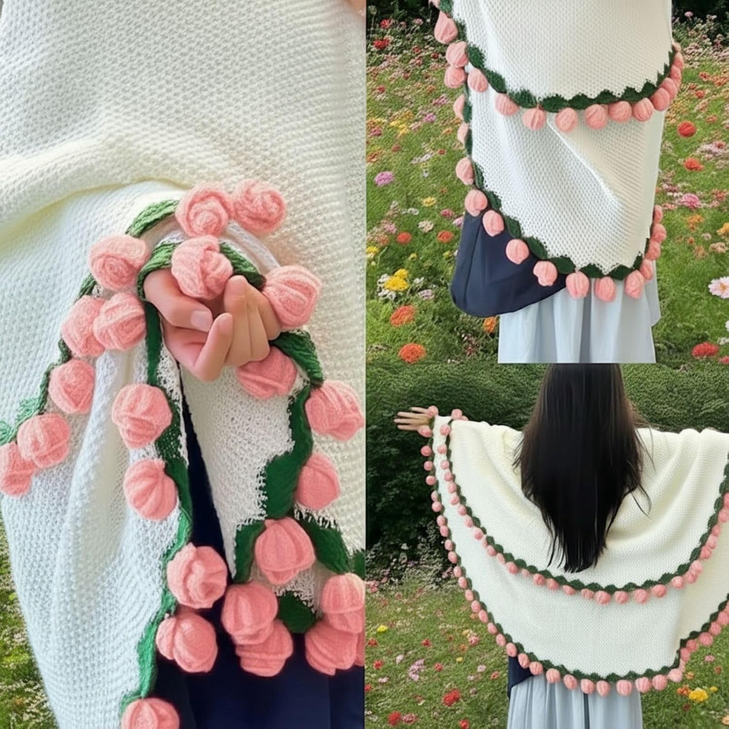 Pekkaxy Handmade Crochet Rose Bouquet Blanket, Soft Knit Throw for Bed Sofa Couch, Decorative Flower Blanket for Valentines, Birthday, Wedding Gift, 3 Sizes
