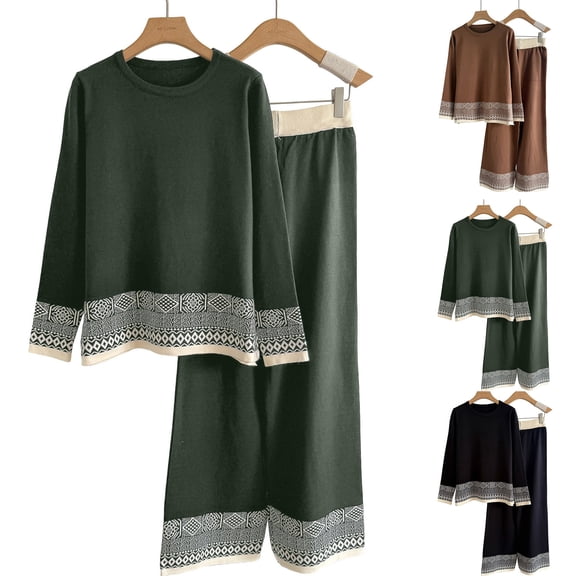 YOIAVAIOY Womens Lounge Set 2 Piece Elegant Casual Outfits Knitting Cotton Pullover Top and Wide Leg Pants Matching Set Loose Comfy Loungewear Green Free Size
